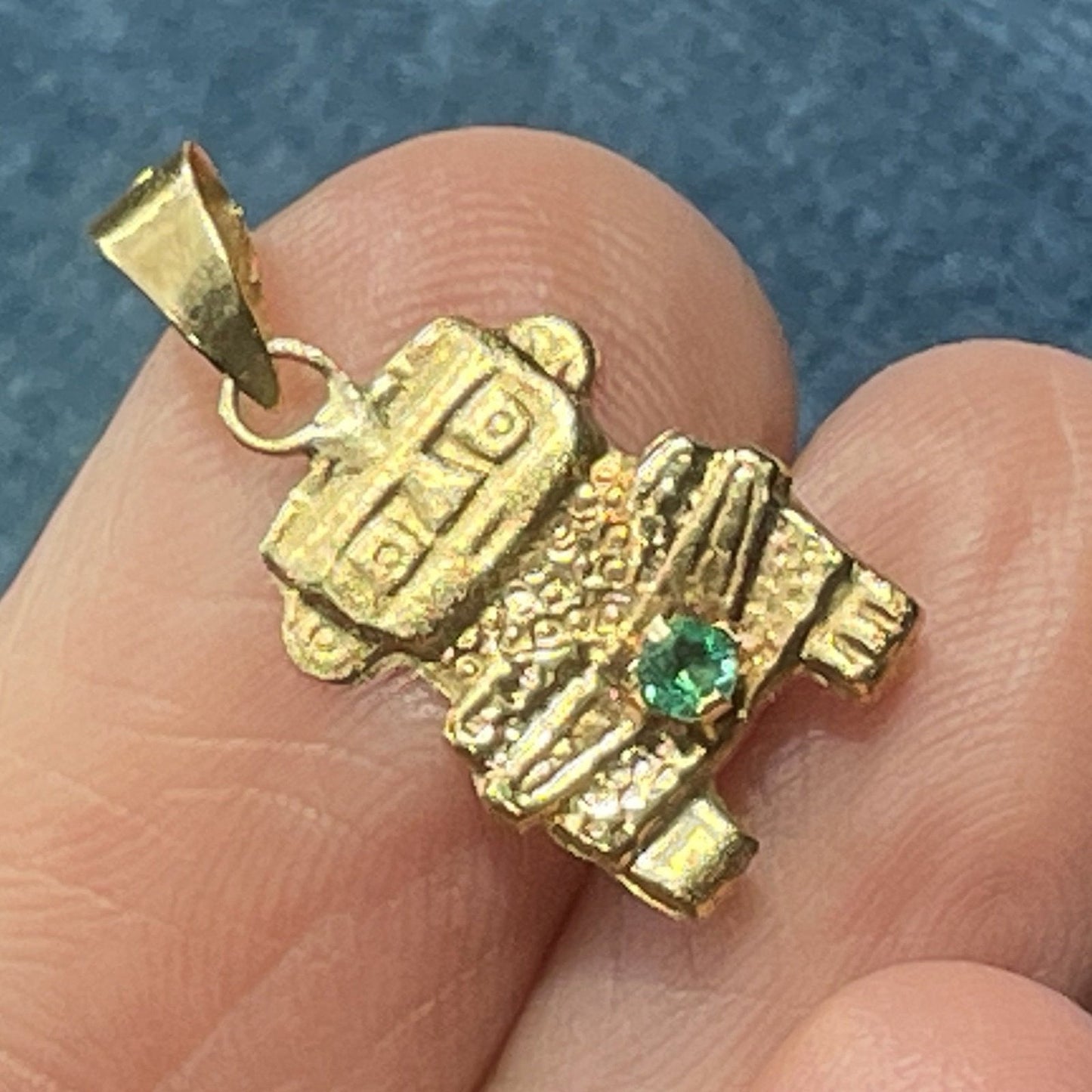 18k Yellow Gold Columbian Emerald Incan Human Figure Pendant. SMALL