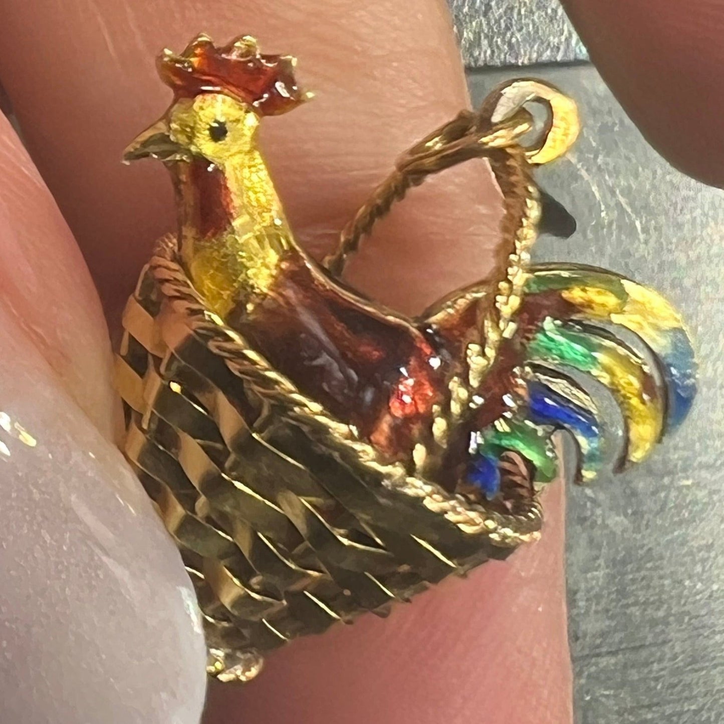 18k Yellow Gold Enamel Chicken in a Basket Pendant. Antique