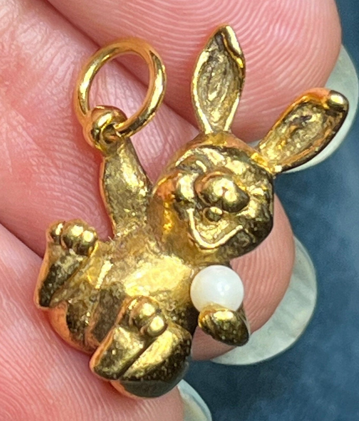 18k Yellow Gold Giggling Silly Bunny Rabbit Pendant w Pearl. SOLID