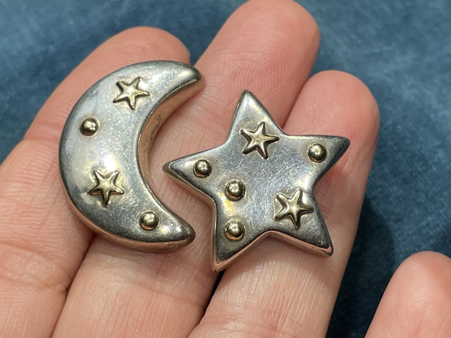 18k Yellow Gold + Silver Crescent Moon & Star Earrings. Celestial!