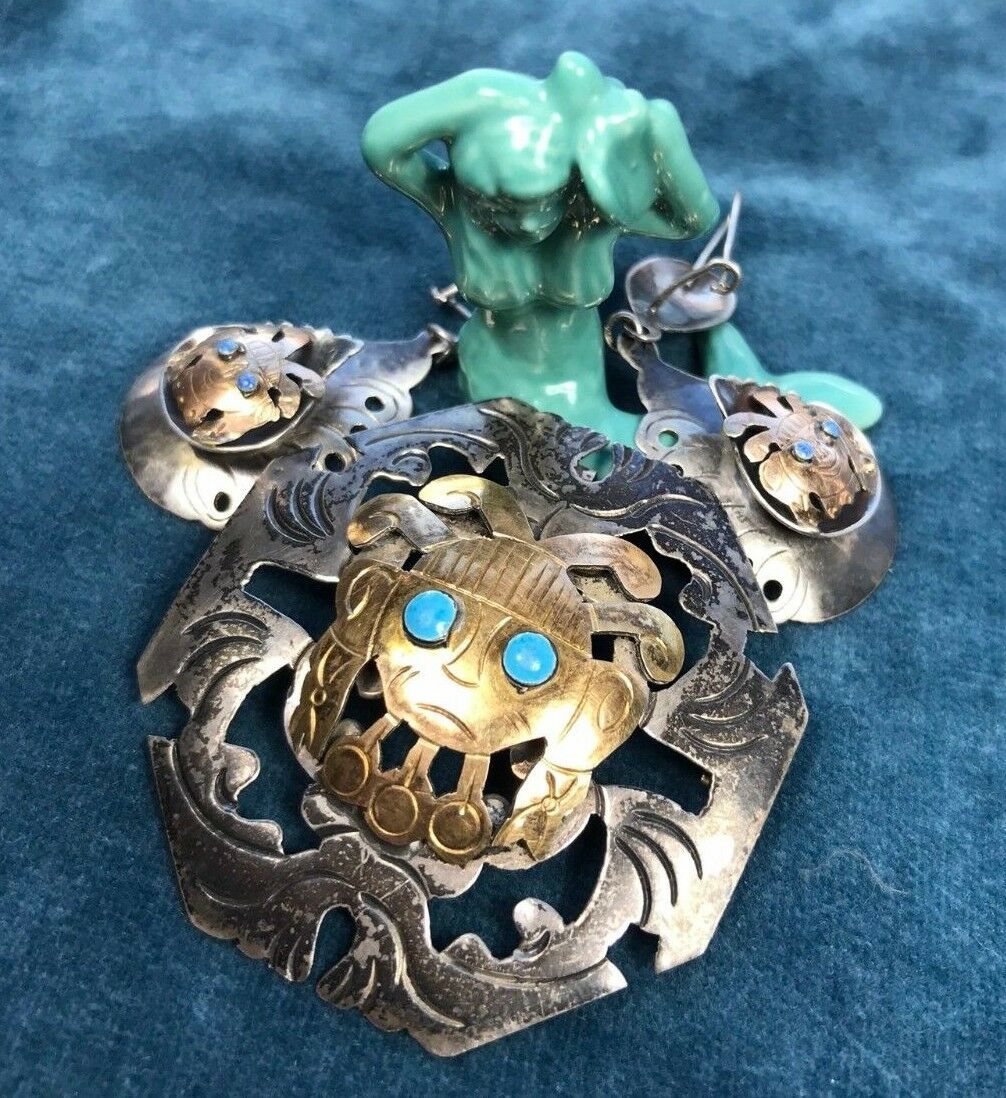 18k Yellow Gold + Sterling Mayan Peru Earrings & Pendant. Turquoise.