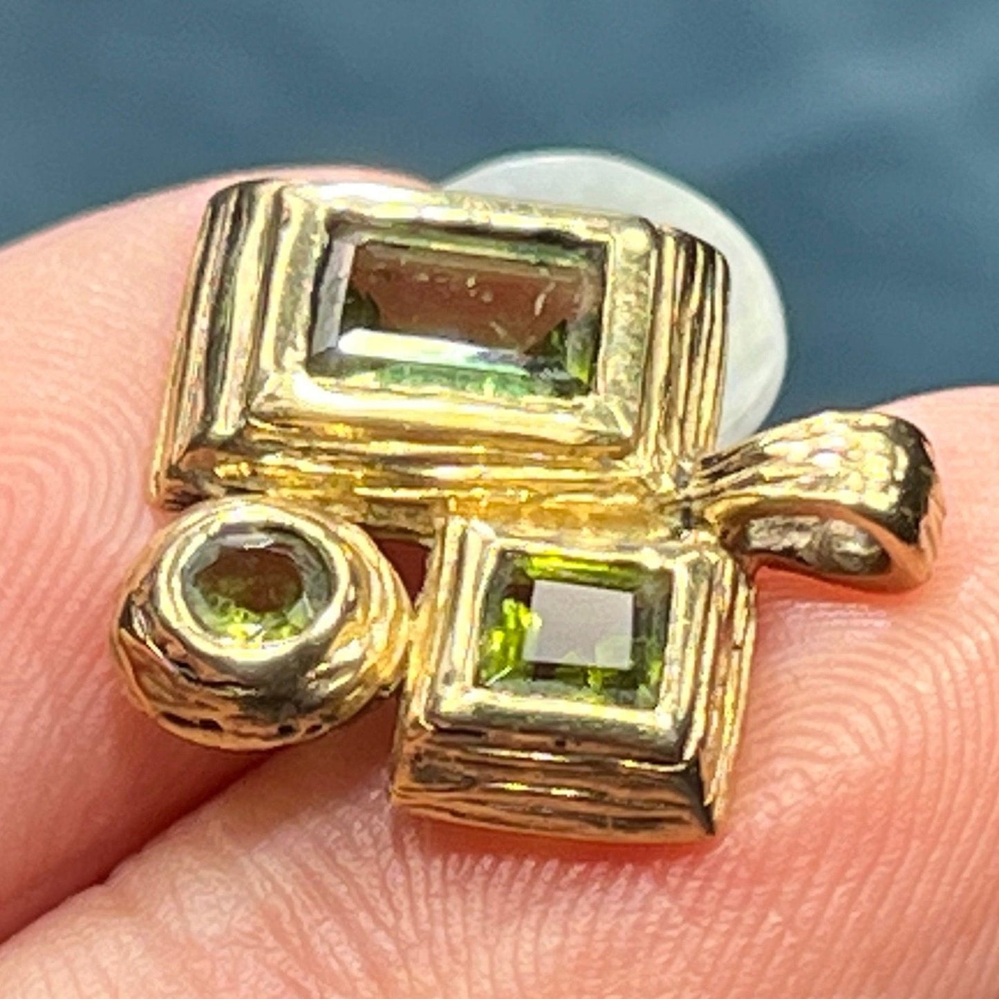 9k- 10k Yellow Gold Emerald Cut Peridot + Tourmaline Pendant. Bezel-Set