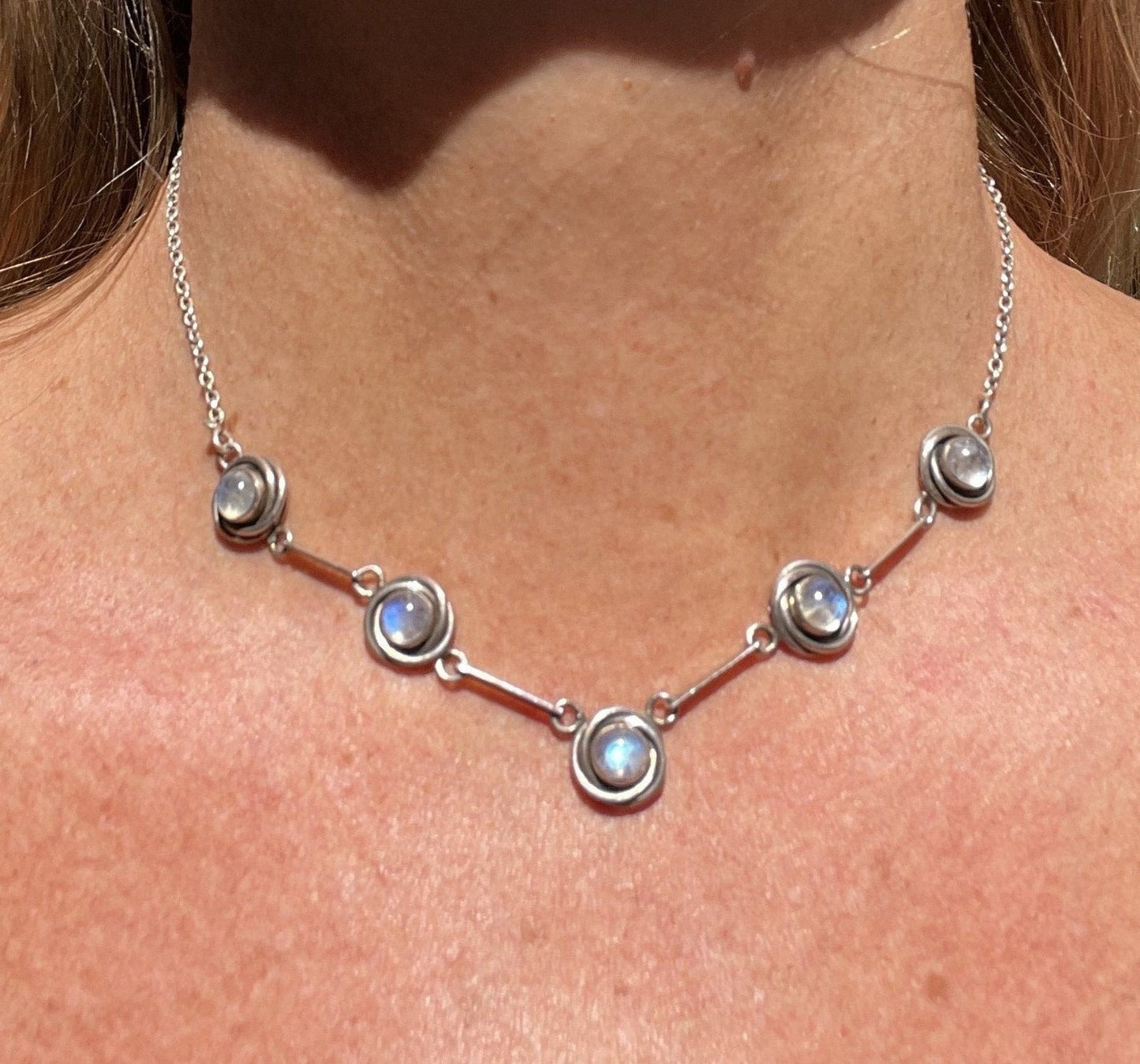 Antique Rainbow Moonstone Necklace in Sterling Silver