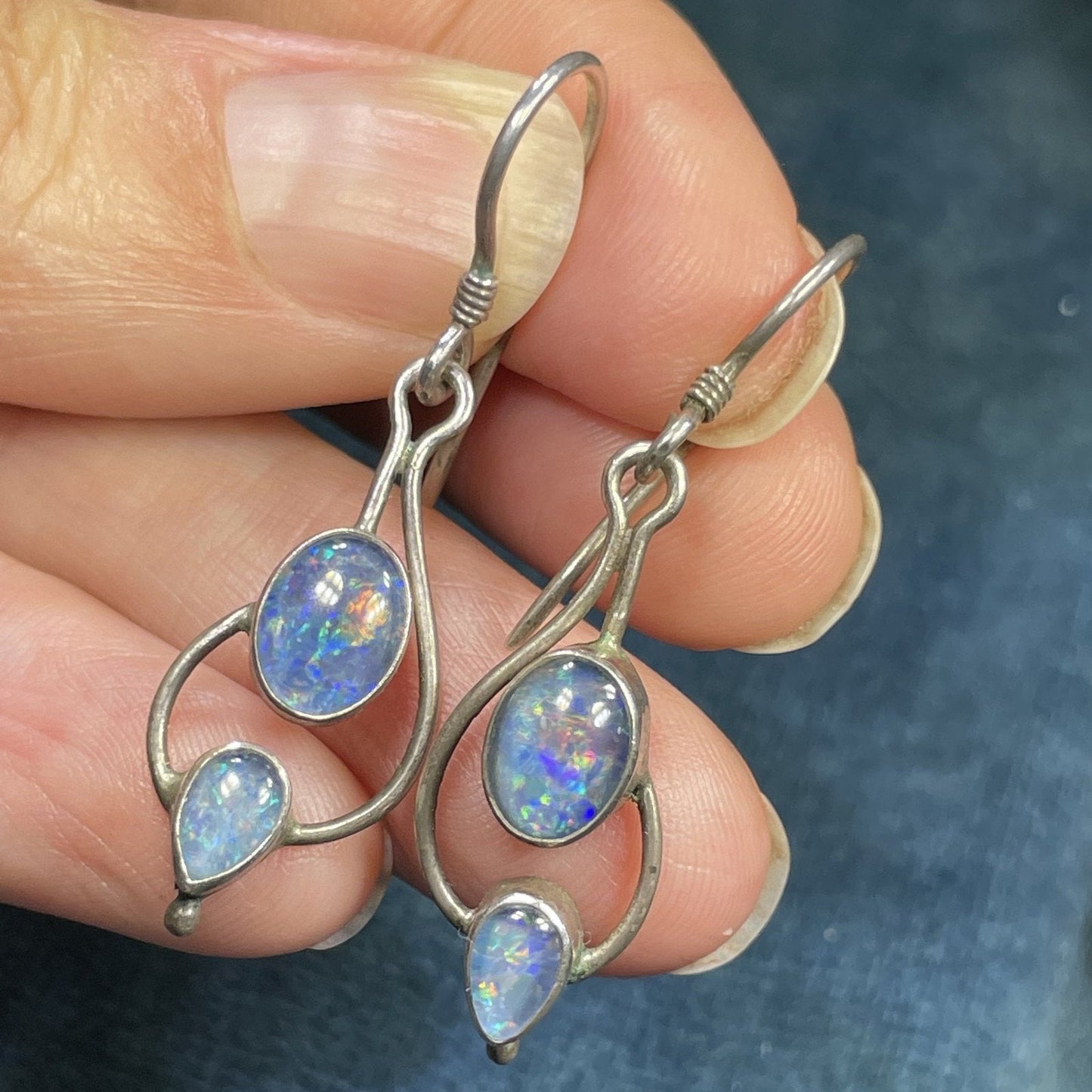 Australian Black Opal Doublet Earrings in 925. Dangly