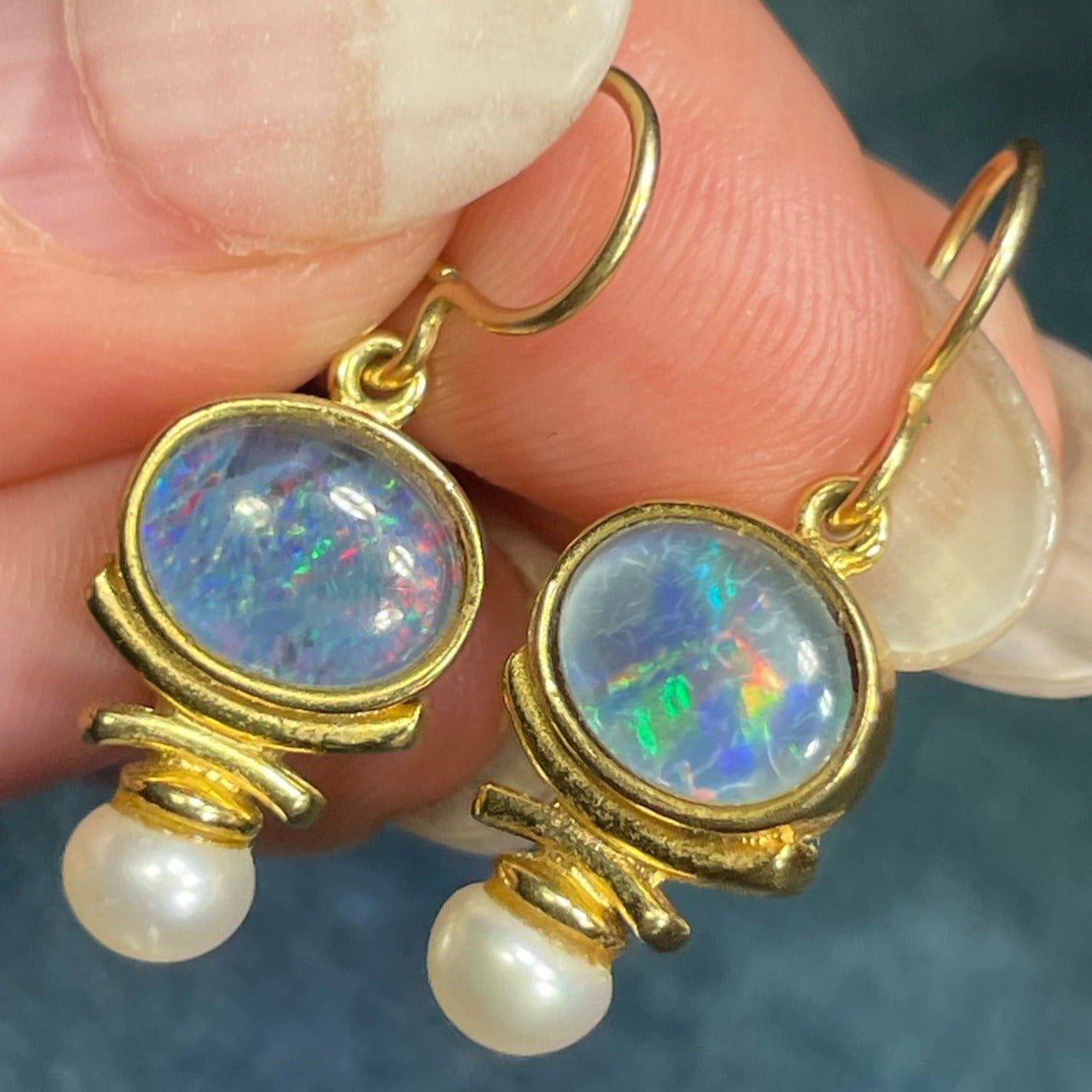 Australian Black Opal Triplet Earrings w Pearls in Gold-Tone 925