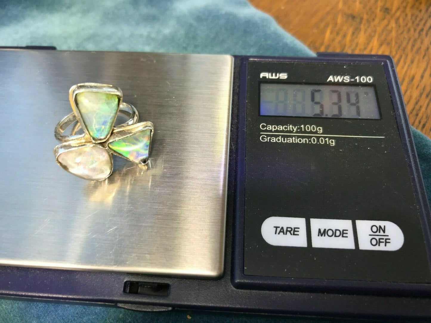 Australian 3 Jelly Opal "Flower" Ring. Large. OOAK. Blues & Greens.**VIDEO**