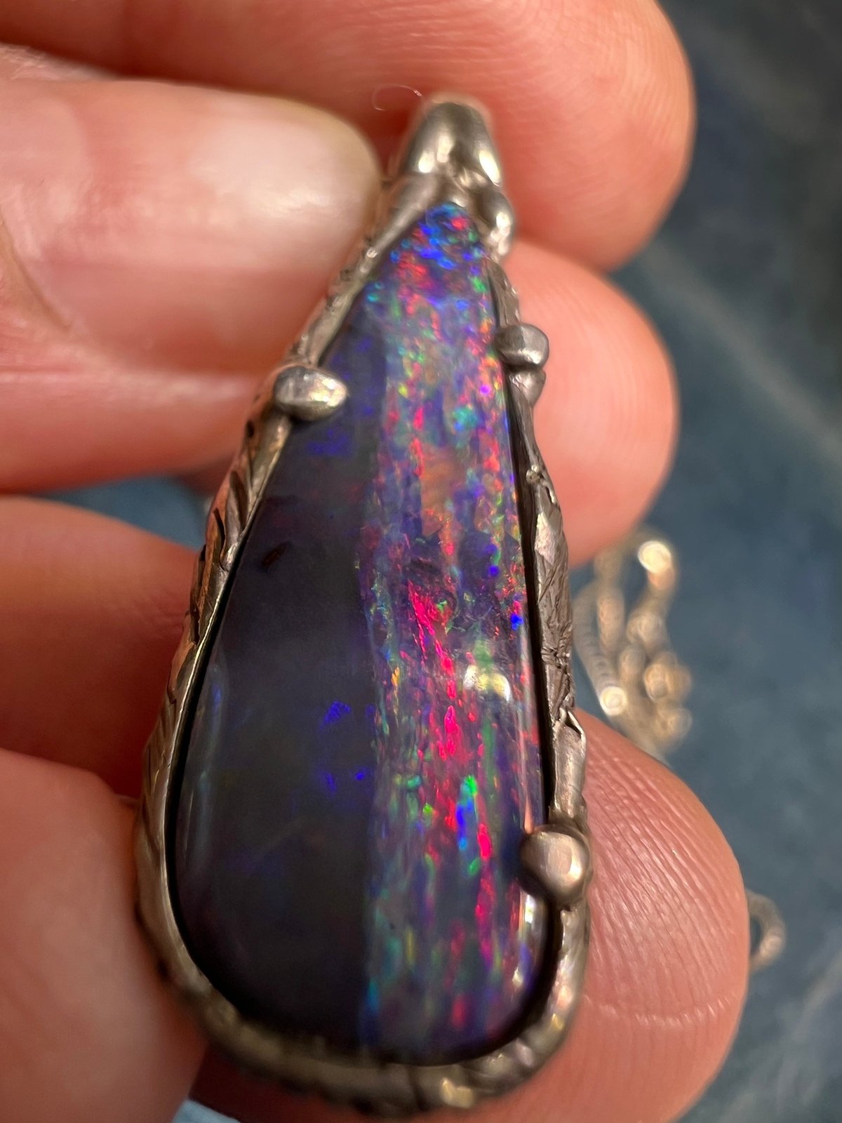 Australian Black Boulder Opal Teardrop Pendant. 925 Chain **Video**