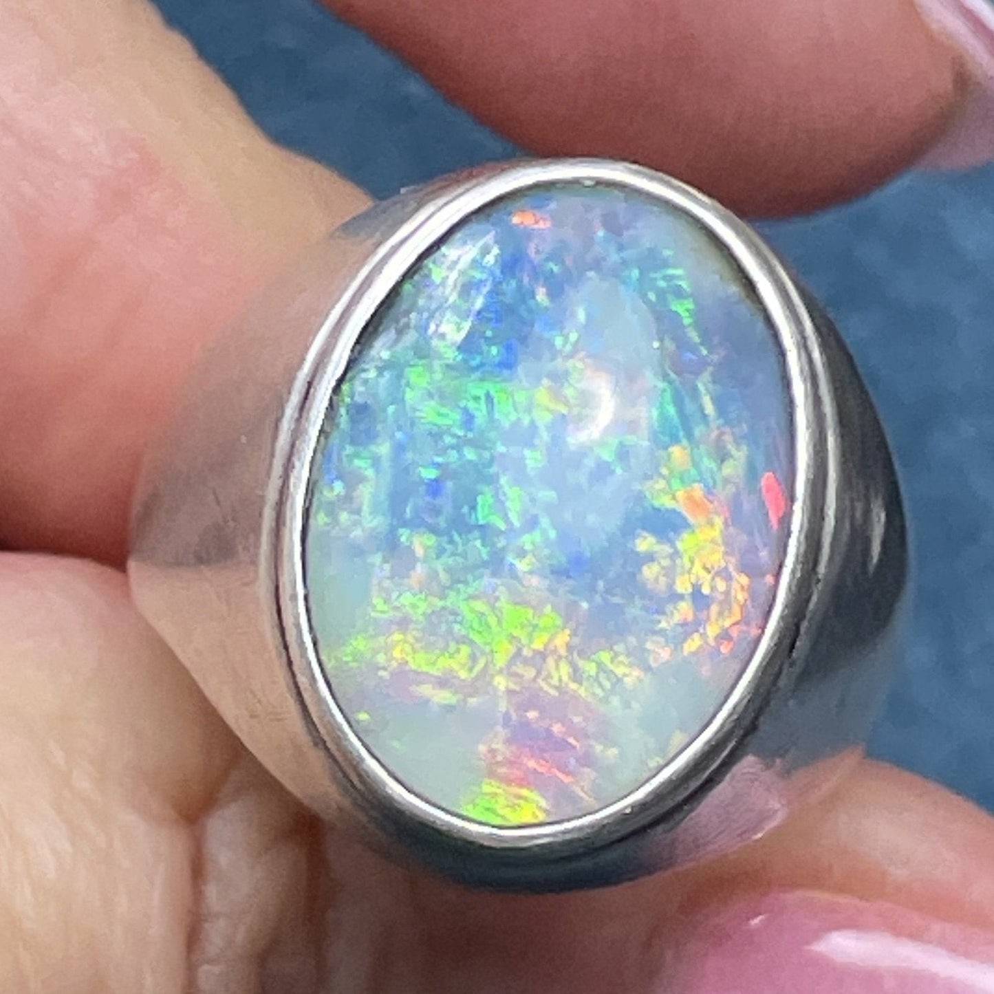 Australian Black Opal Doublet 925 Signet Ring. 3/4" **VIDEO**
