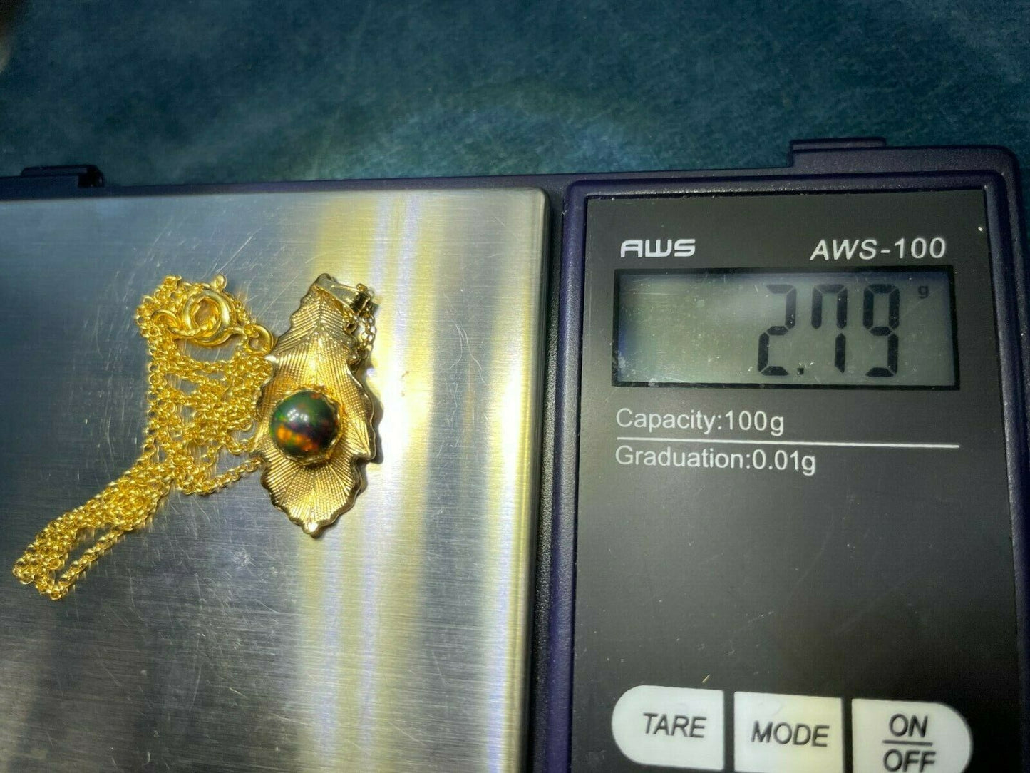 Australian Black Opal Leaf Pendant & Chain in Gold Tone Metal **VIDEO*_21_348