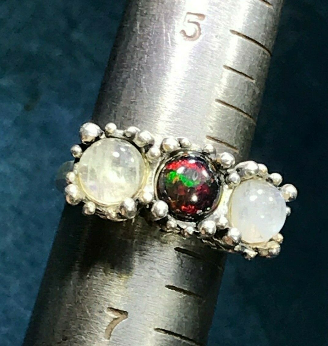 Australian Black Opal & Rainbow Moonstone Ring in 925. **VIDEO**-K7L7J