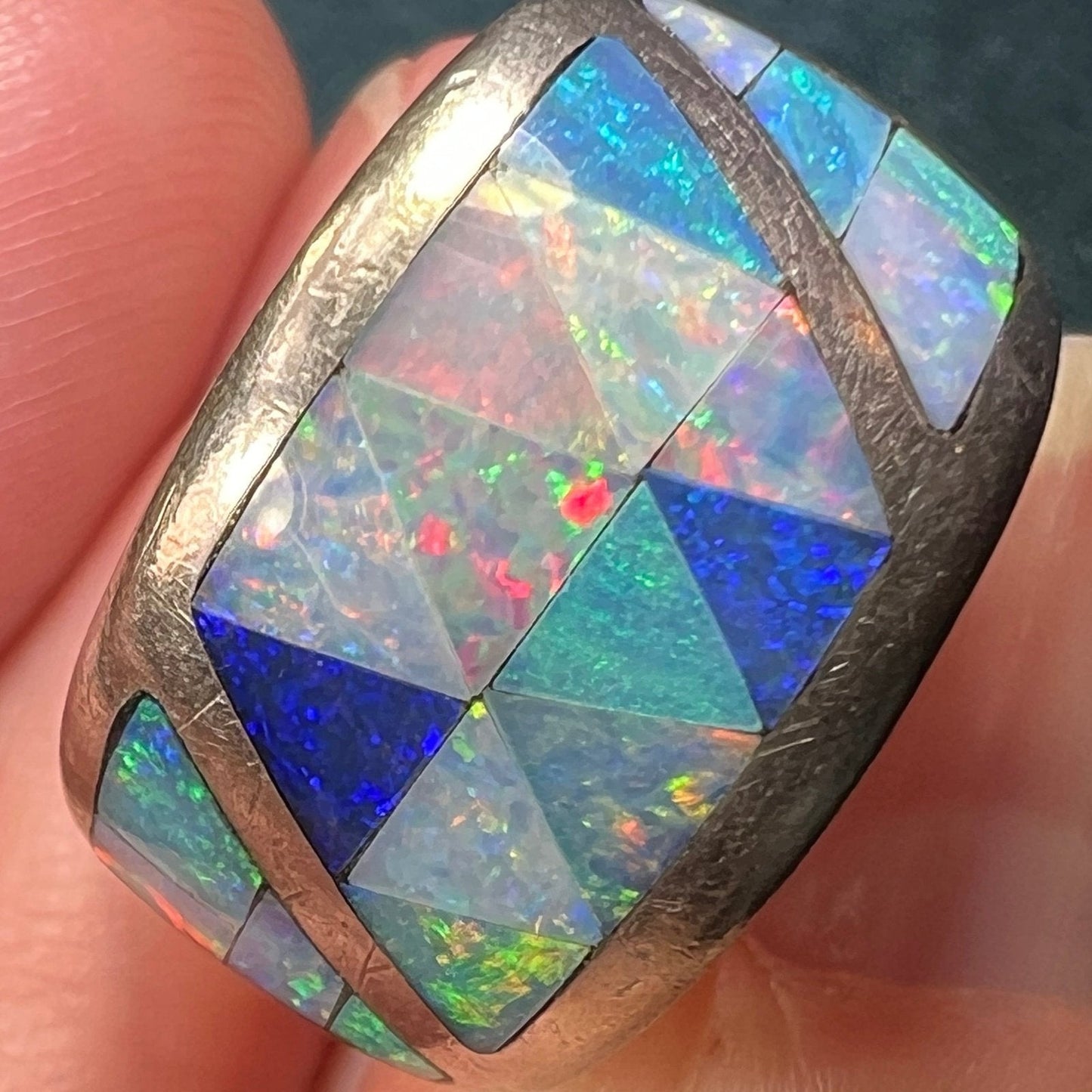 Australian Black Opal Ring w Inlaid Design. Wide Cigar Band