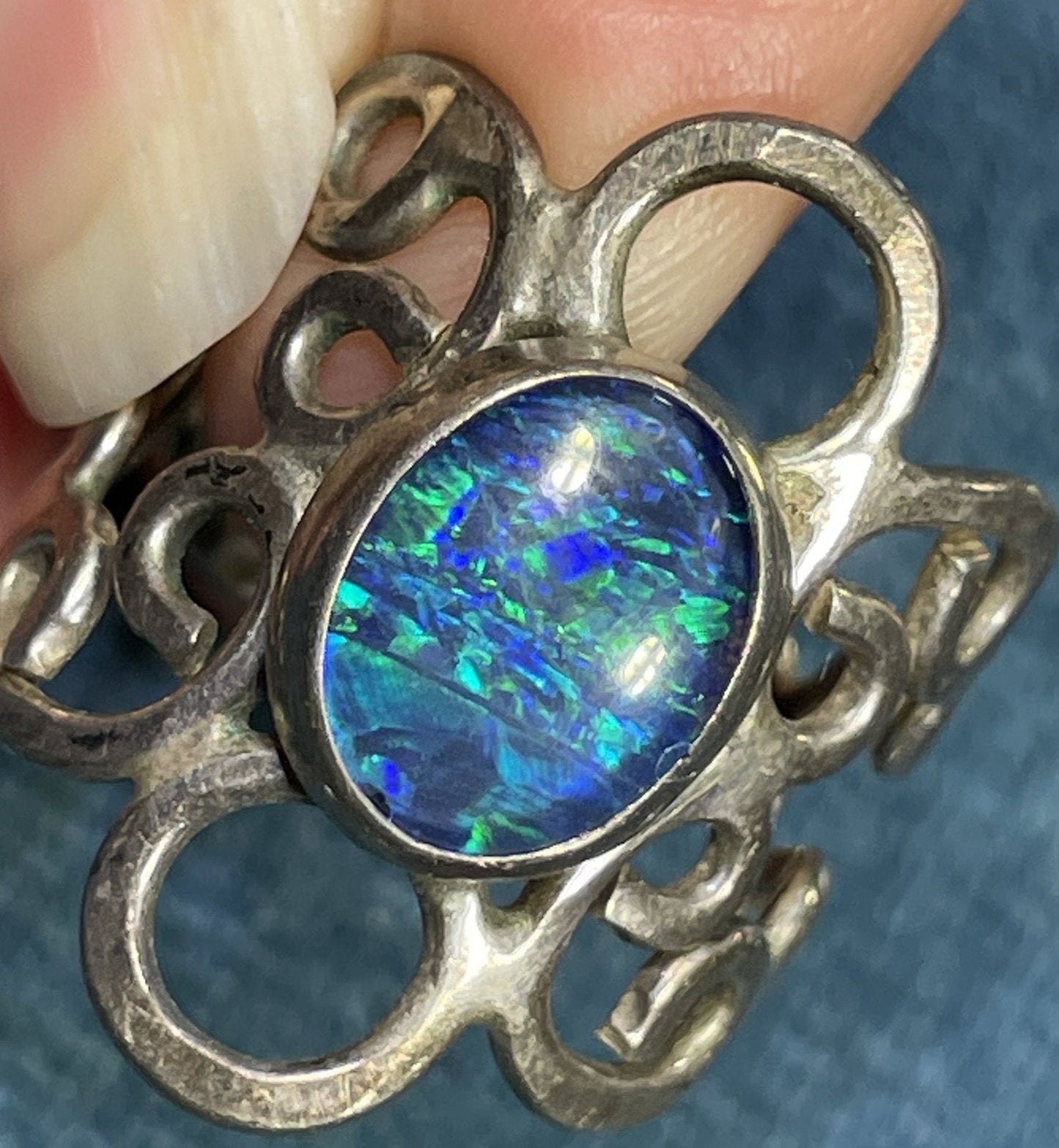Australian Black Opal Triplet WIDE Filigree Ring in 925. Oceans! **VIDEO**