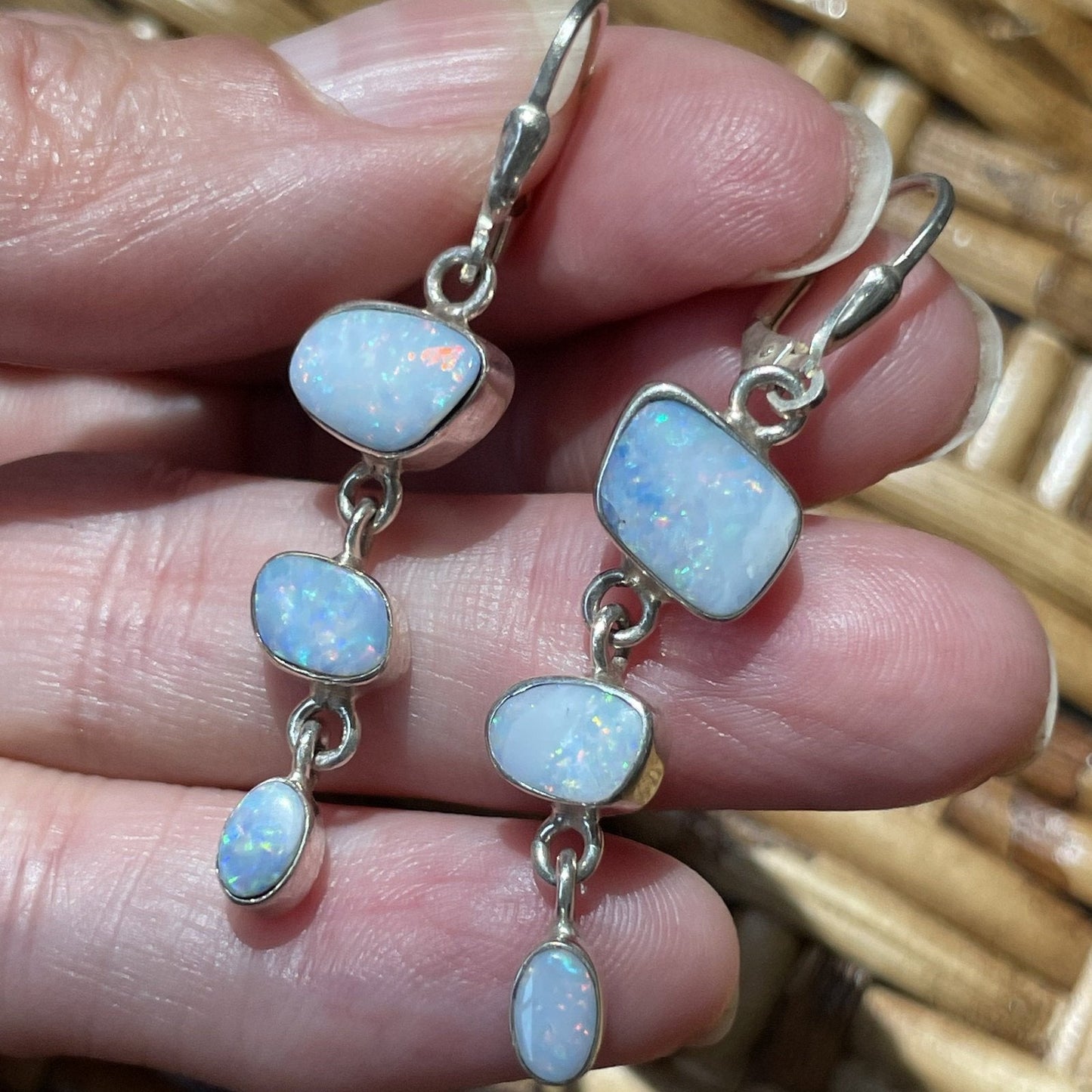 Australian Boulder Opal 2" Triple Dangle Leverback Earrings. 925