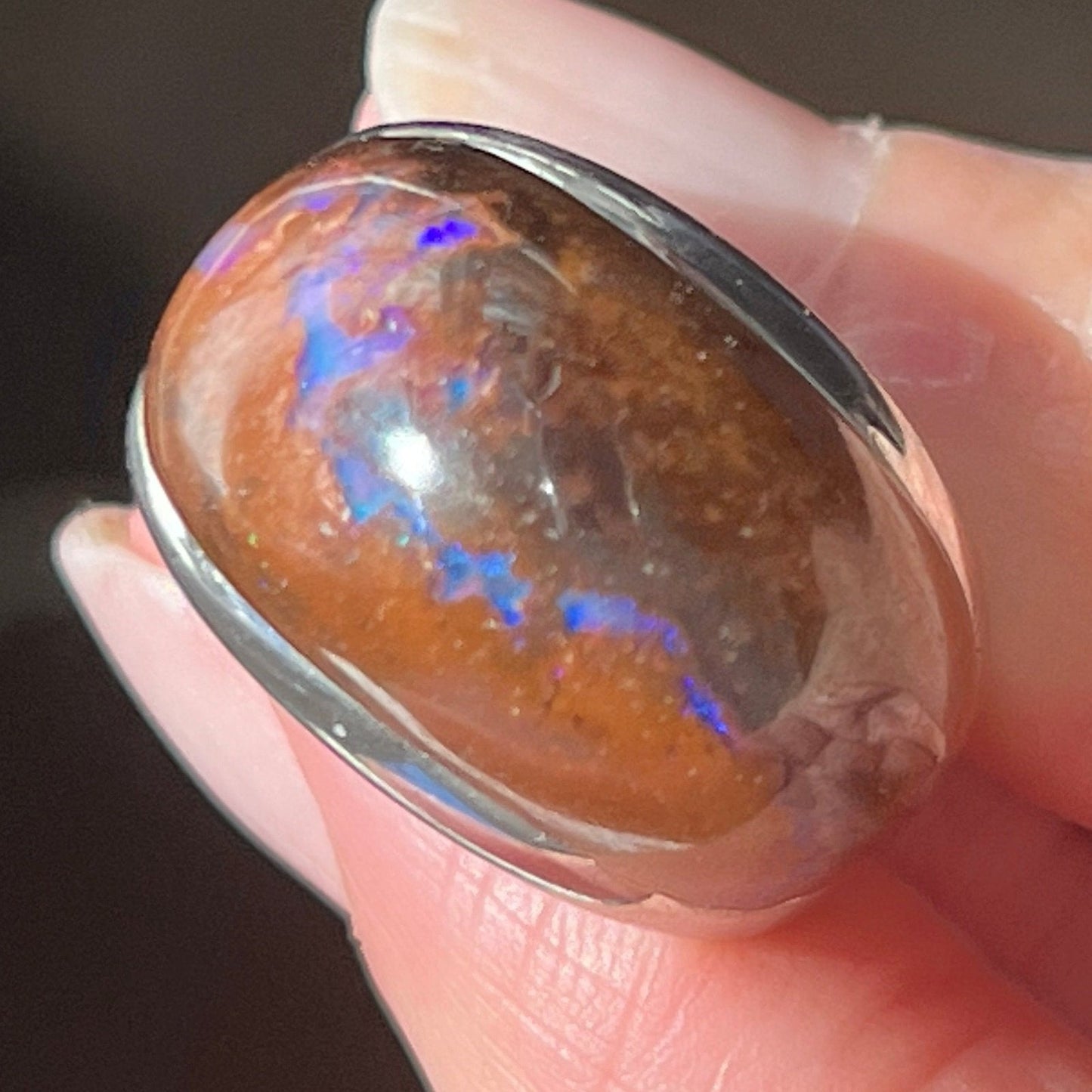 Australian Koroit Boulder Opal Domed Ring in 925. Purples + Blues **Video**