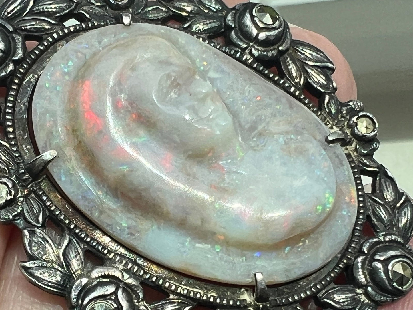 Carved Australian Opal Cameo Pendant in 925. 2" 10g *Video*