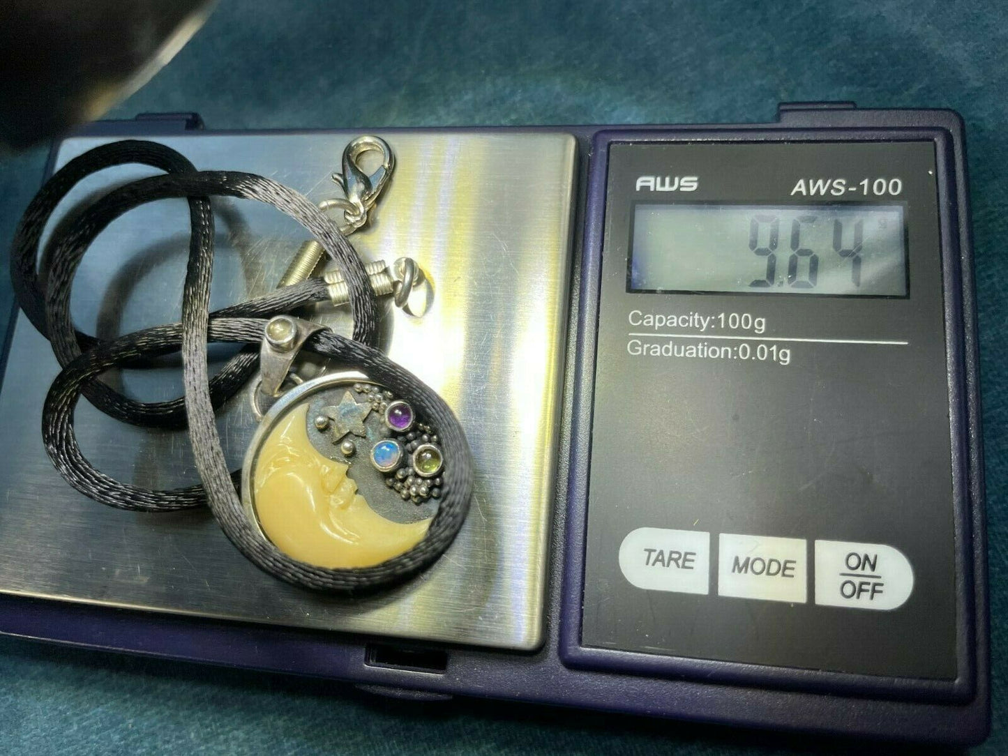 Carved Crescent MAN in the MOON Face Pendant w Opal Peridot & Amethyst_21_321