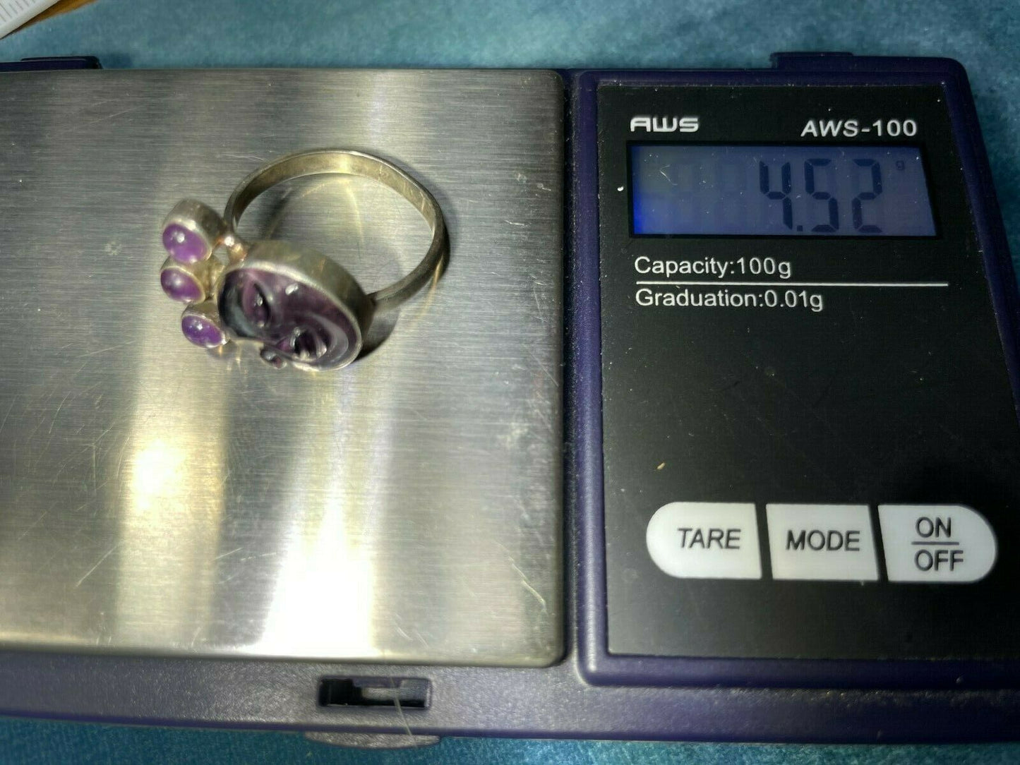 Carved "Man the Moon" Face Cabochon Amethyst Ring in 925. Sea Witch-b78_5_20