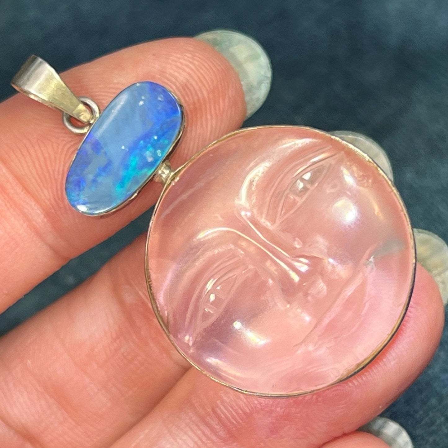 Carved Quartz Face "Man in Moon" Pendant w Black Opal Doublet