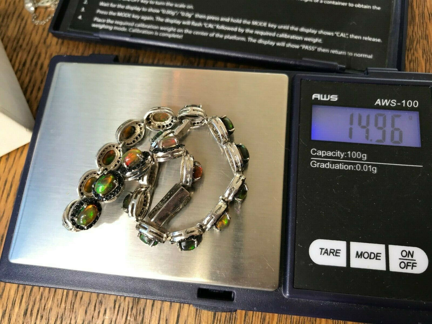 Ethiopian Welo Opal Bracelet. Black Quartz Halo. Sterling. 15 grams-K7L7J