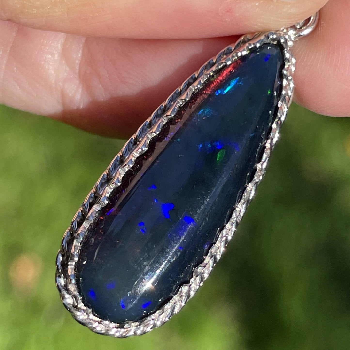 Ethiopian Black Opal Pendant & Silver Chain. Large Teardrop 1.4"