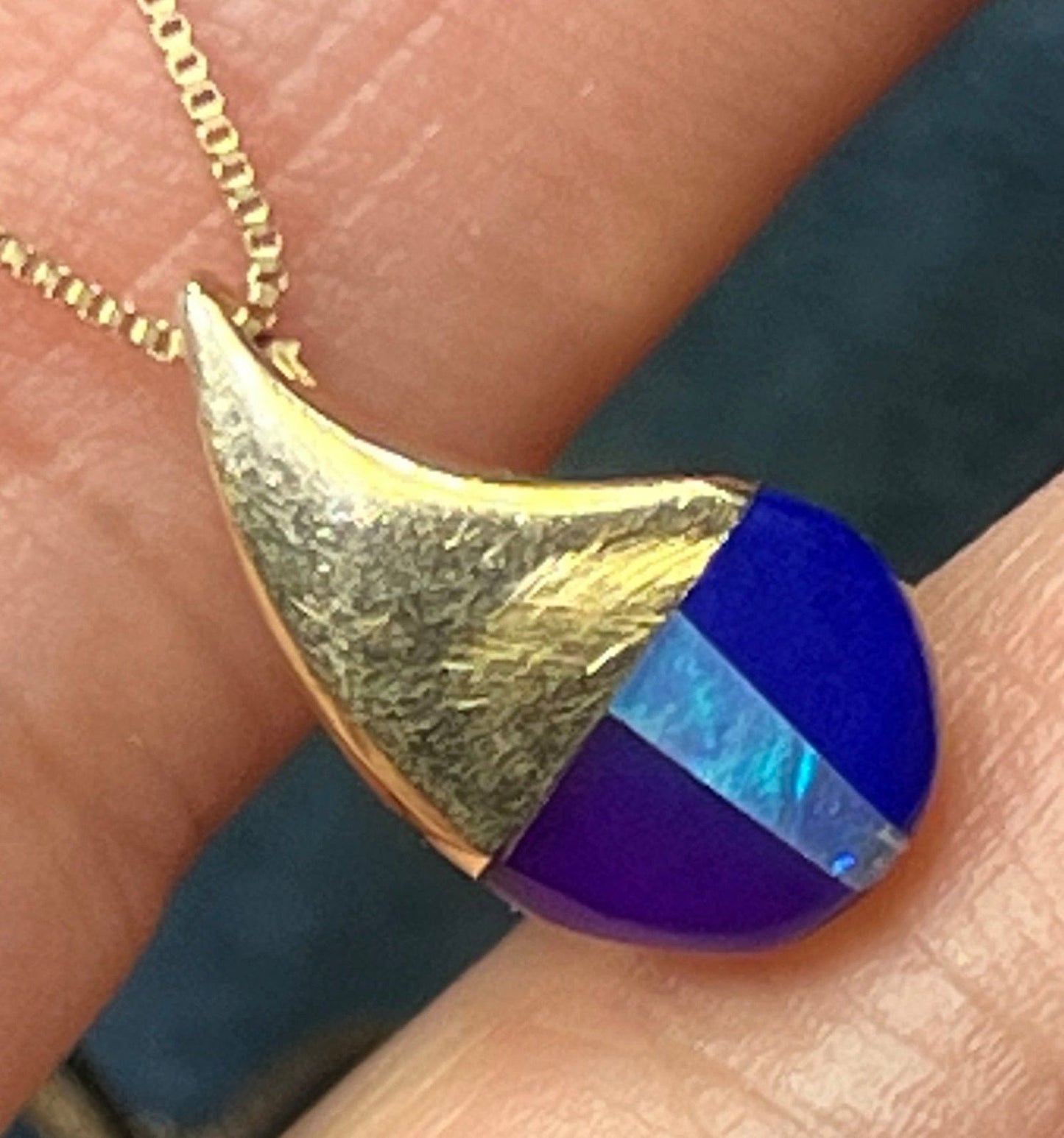 Gold Teardrop Pendant w Opal, Lapis + Sugilite. 14k Chain