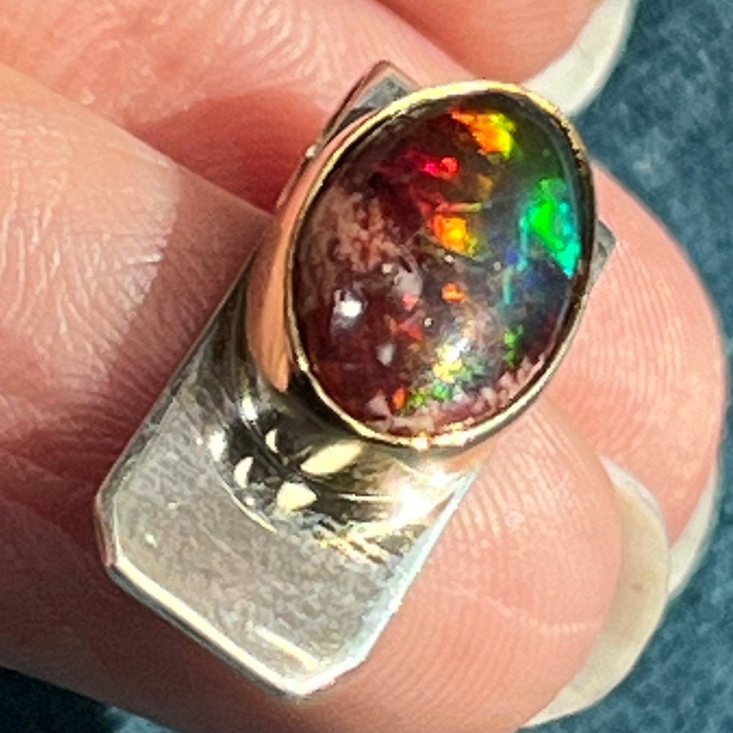 Mexican Boulder Opal Slide Pendant. 925 + 14k Gold **VIDEO***