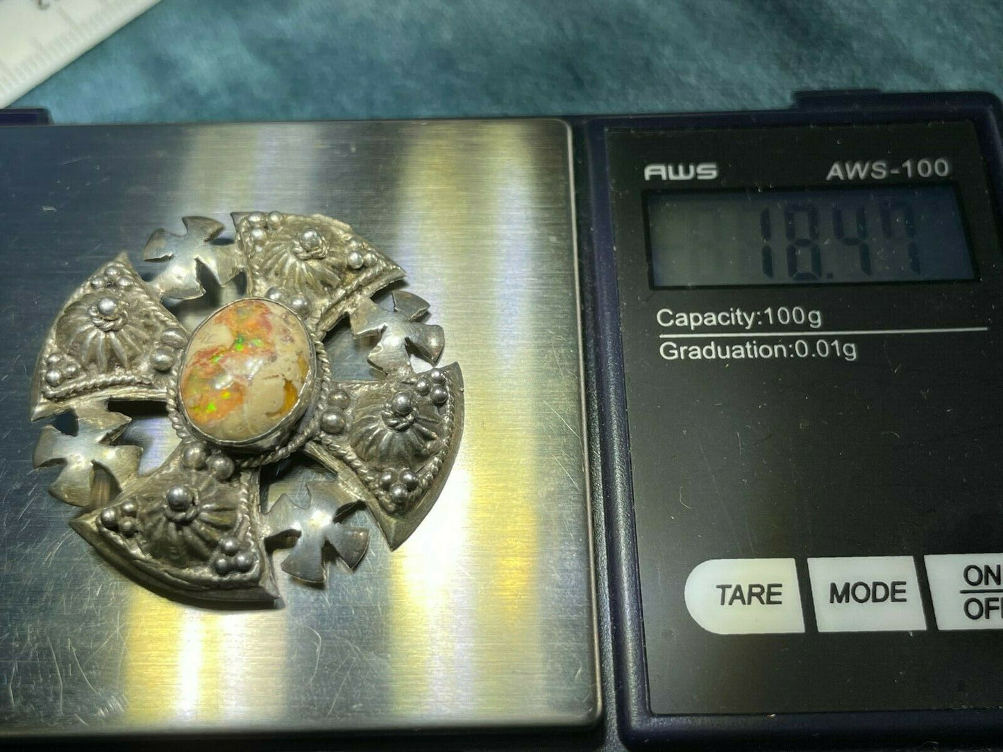 Mexican Fire Boulder Opal Jerusalem Cross Pendant in 925. 1.5" & 18g