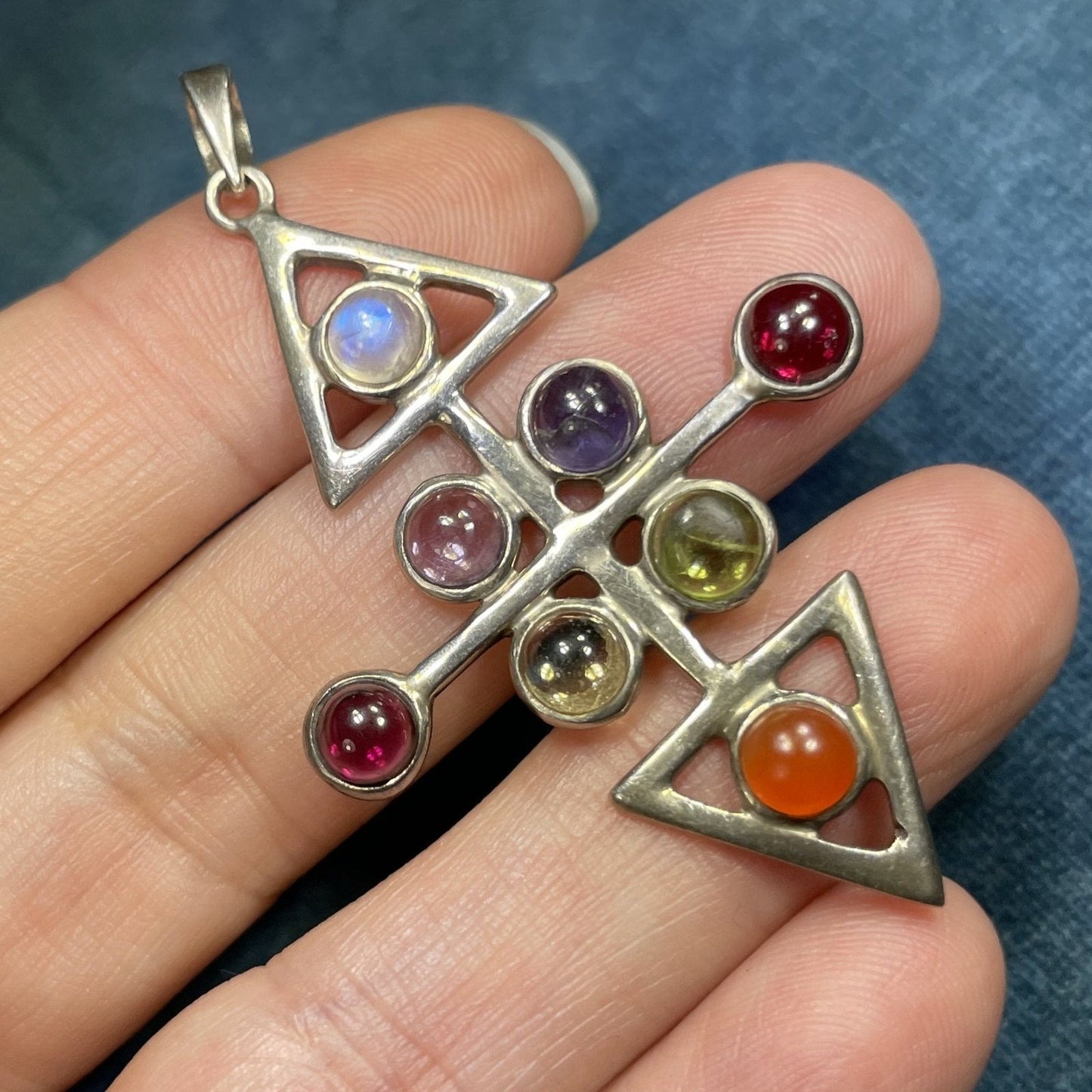 Multi-Gem Double Arrow 2" Pendant. Cabochon Moonstone