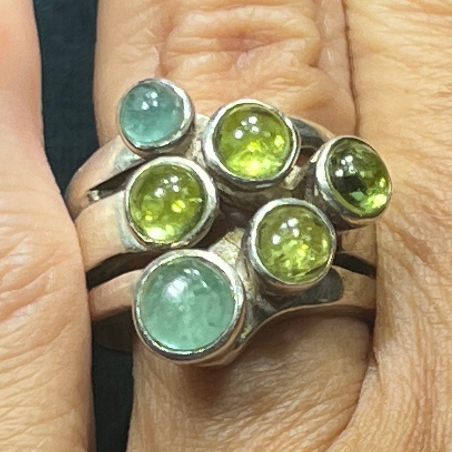 Peridot Aquamarine Cabochon Bubble Ring. Wide 3/4" + 14g. 925