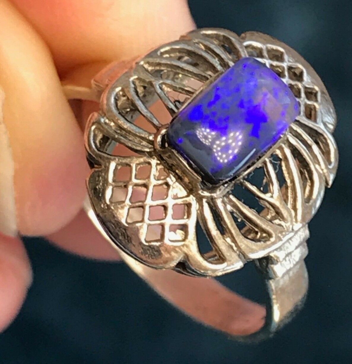 Purple Blue Australian Jelly Black Opal Ring. Silver Celtic Setting