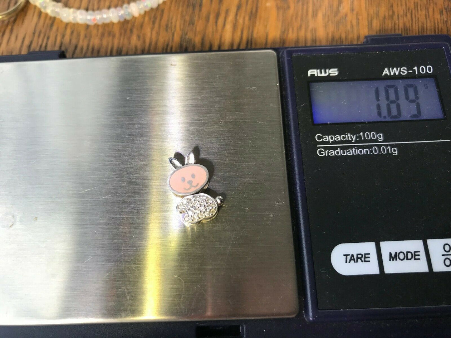 SG MERMAID 18k White Gold Pink Enamel Bunny Pendant. Diamonds. KAWAII-K9L3J