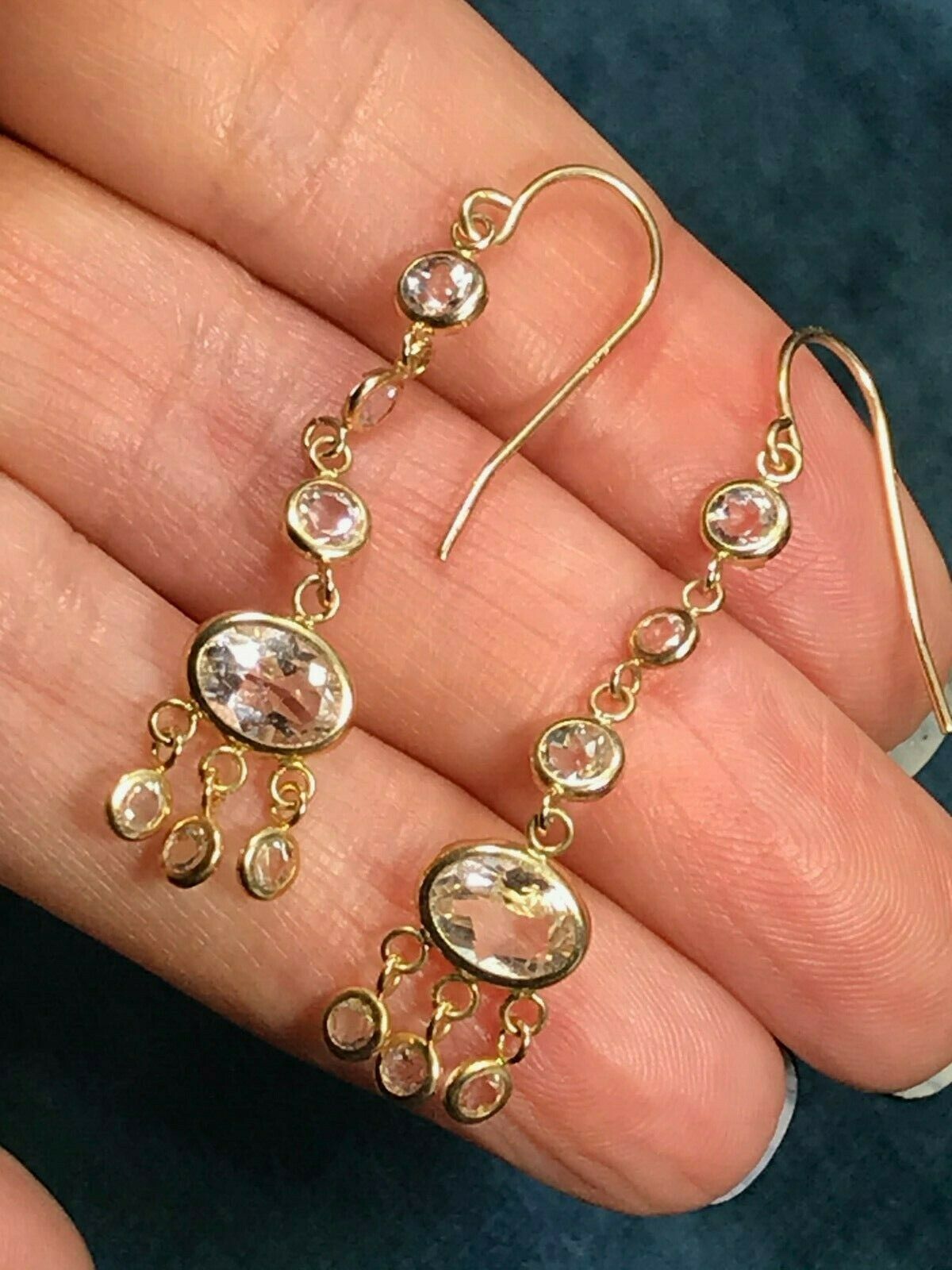 SG MERMAID 10k Yellow Gold Clear Topaz Chandelier GYPSY Earrings. 2" Long-K8L9J