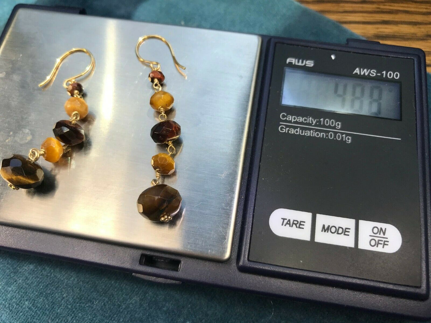 SG MERMAID 14k Yellow Gold Tiger Eye Dangle Earrings. Shepherd's Hooks. 1.5"