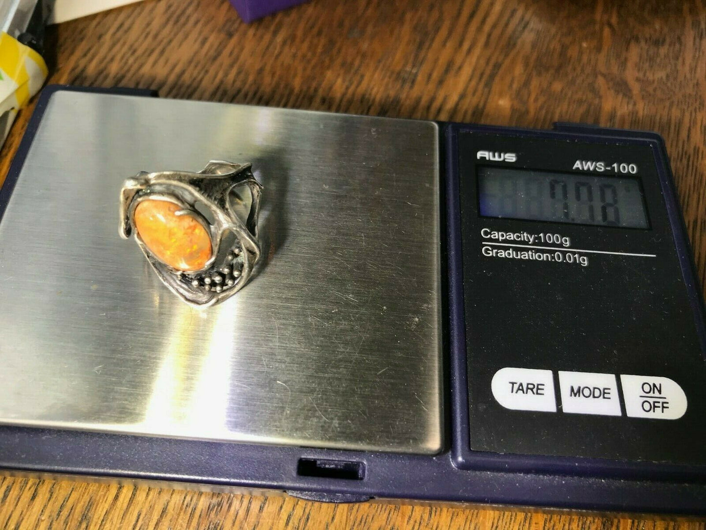 SG MERMAID Mexican Cantera Fire Opal Ring. Handmade in 925 ***VIDEO**-K7L9J