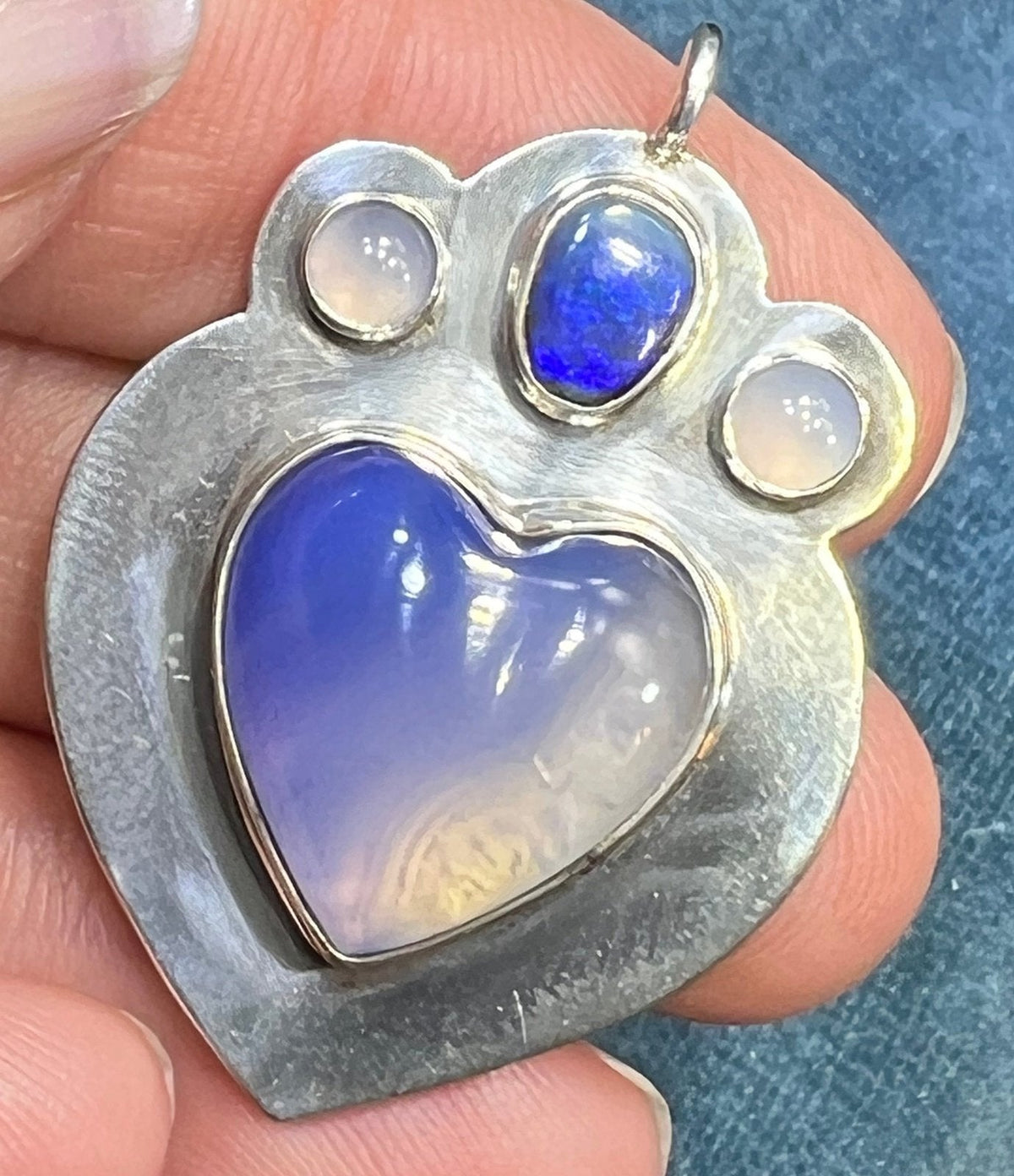 Silver Cabochon Amethyst Heart, Opal + Moonstone Pendant. 1.5" *Video*