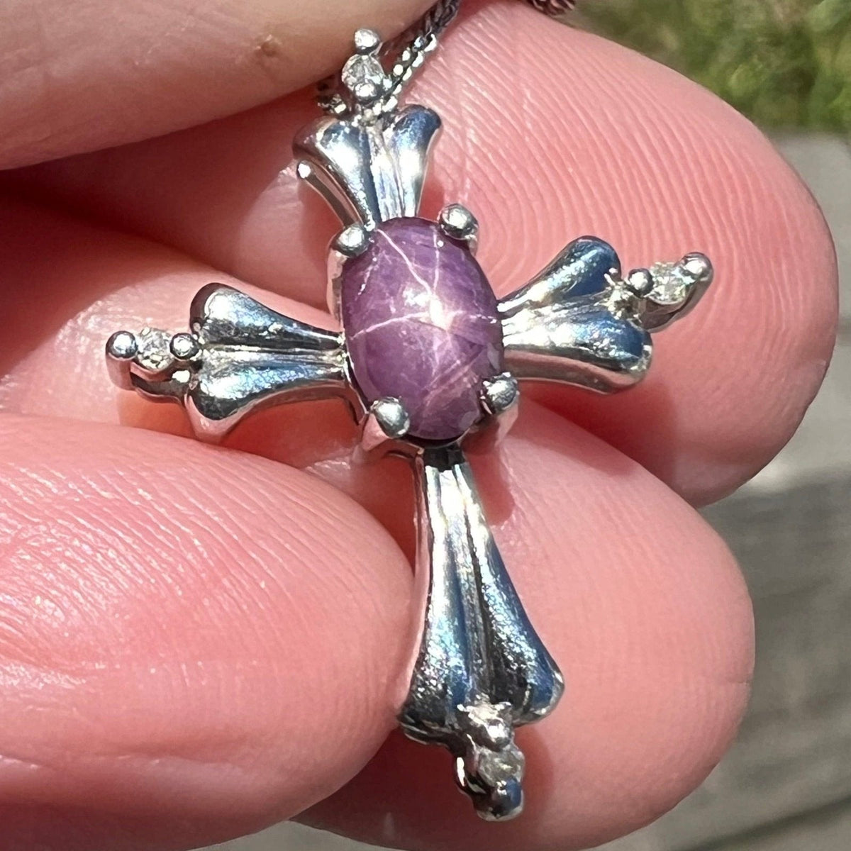 Sterling Silver Cross Pendant w Natural Star Ruby + Chain *Video*