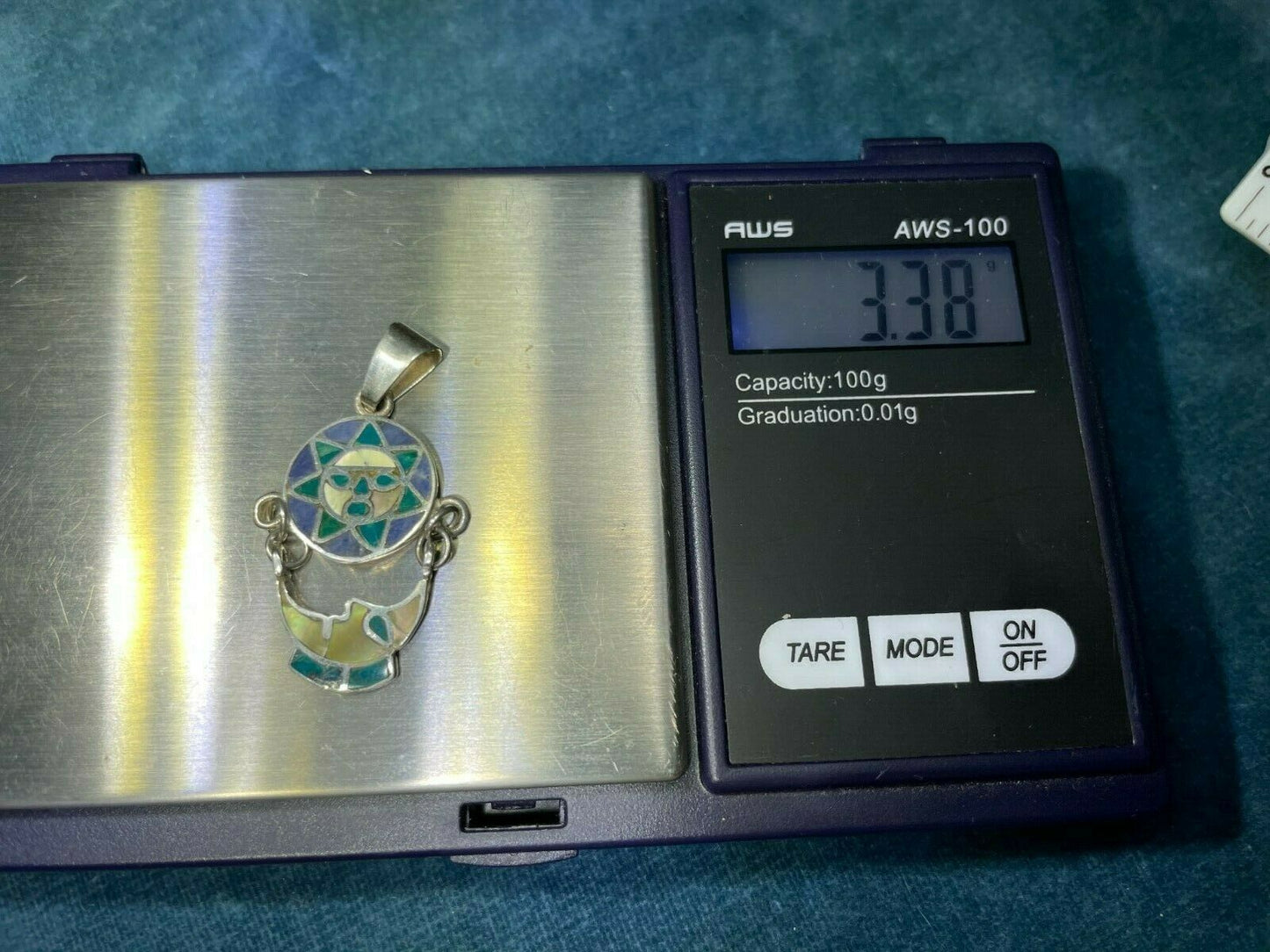 Sun & Moon Face Pendant w Inlaid Turquoise MOP + Sodalite in Silver. 1.5"
