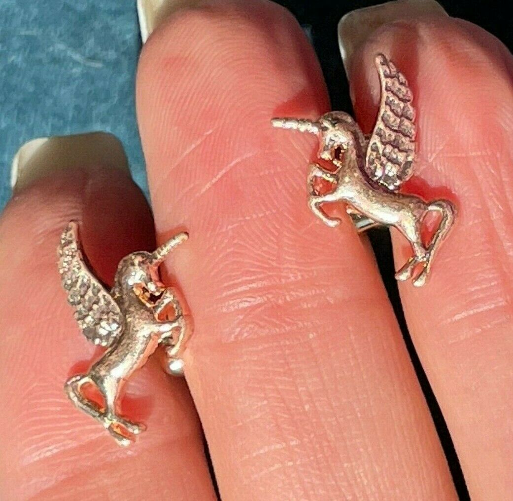 Winged Unicorn Pegasus Stud Earrings w 14k Yellow Gold Posts *TINY!!*
