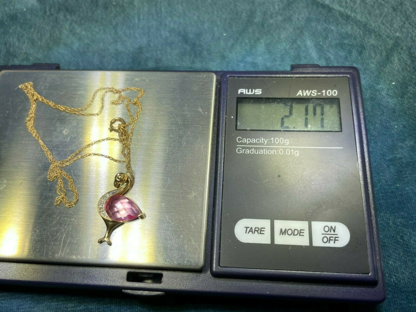 Yellow Gold FLAMINGO Pendant Teardrop Pink Topaz & Diamonds + 10k Chain_ts24
