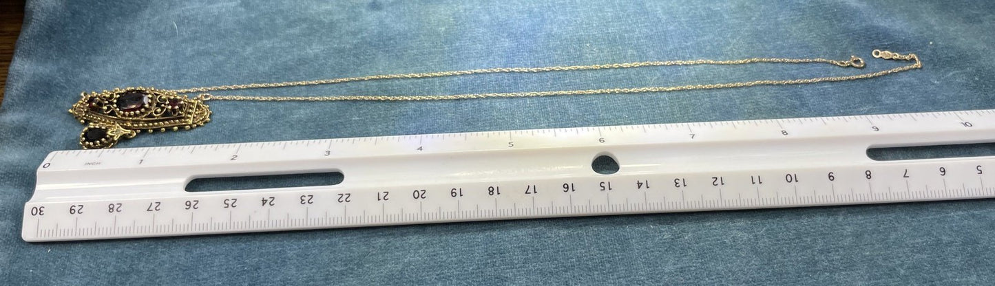 Yellow Gold Red Garnet Festoon Teardrop Necklace. 14k Chain
