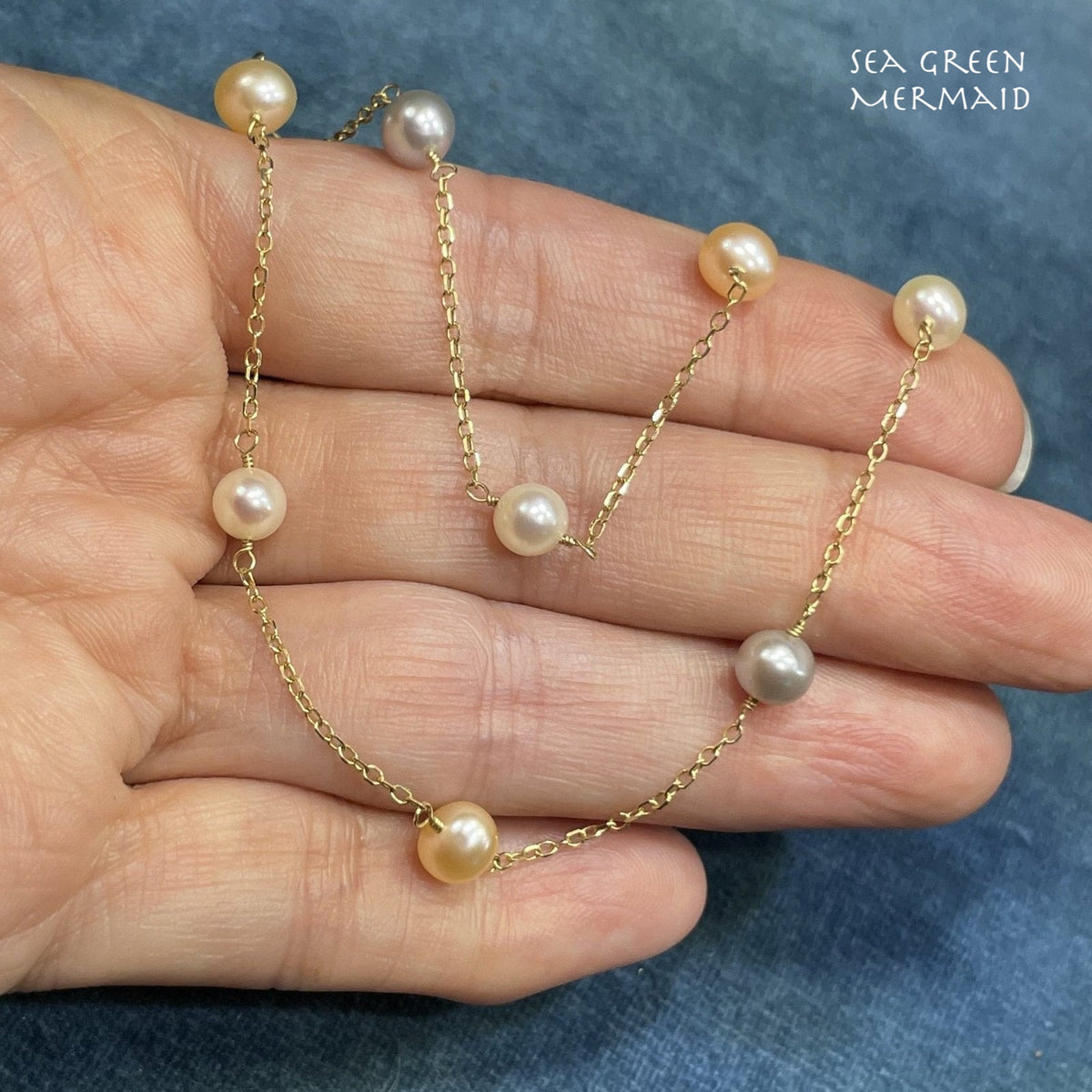 10K Yellow Gold 3-Color Pastel Pearl By the Yard Necklace. Station Chain