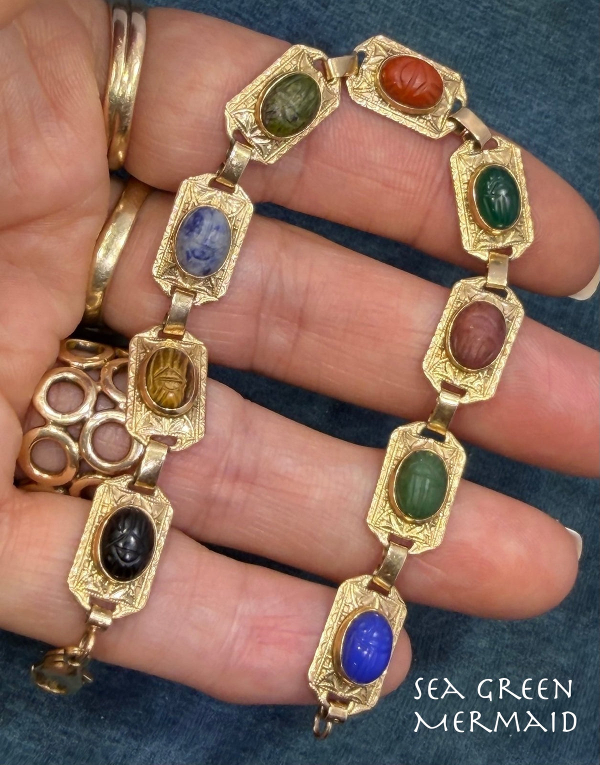 10k Carved SCARAB Multi-Gem Bracelet. Engraved Gold Panels. 10g