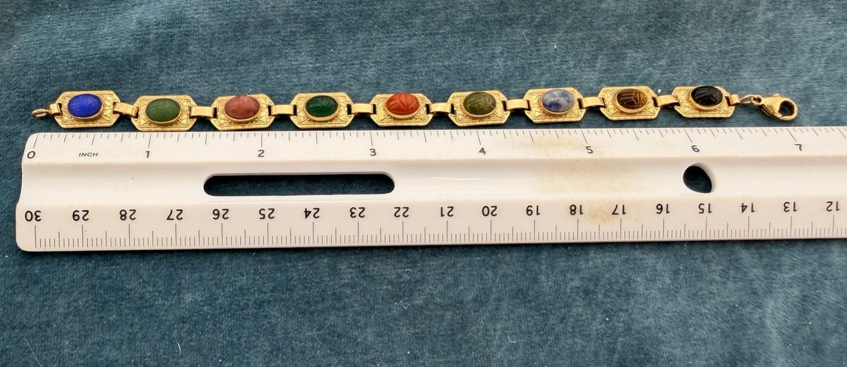 10k Carved SCARAB Multi-Gem Bracelet. Engraved Gold Panels. 10g