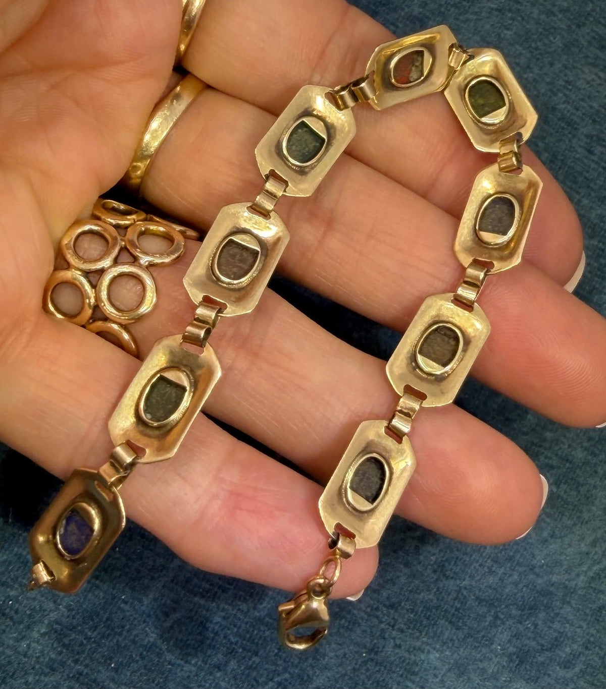 10k Carved SCARAB Multi-Gem Bracelet. Engraved Gold Panels. 10g