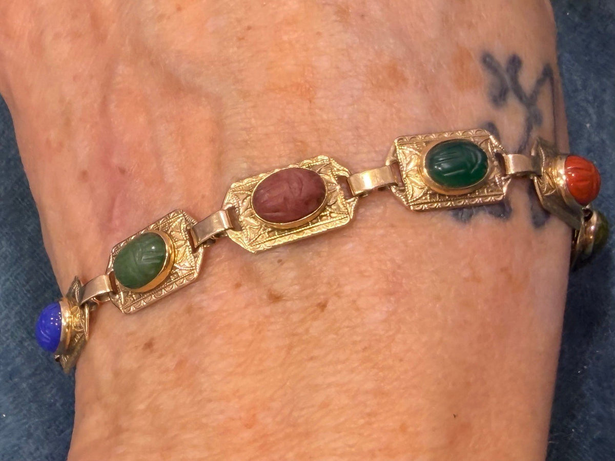 10k Carved SCARAB Multi-Gem Bracelet. Engraved Gold Panels. 10g
