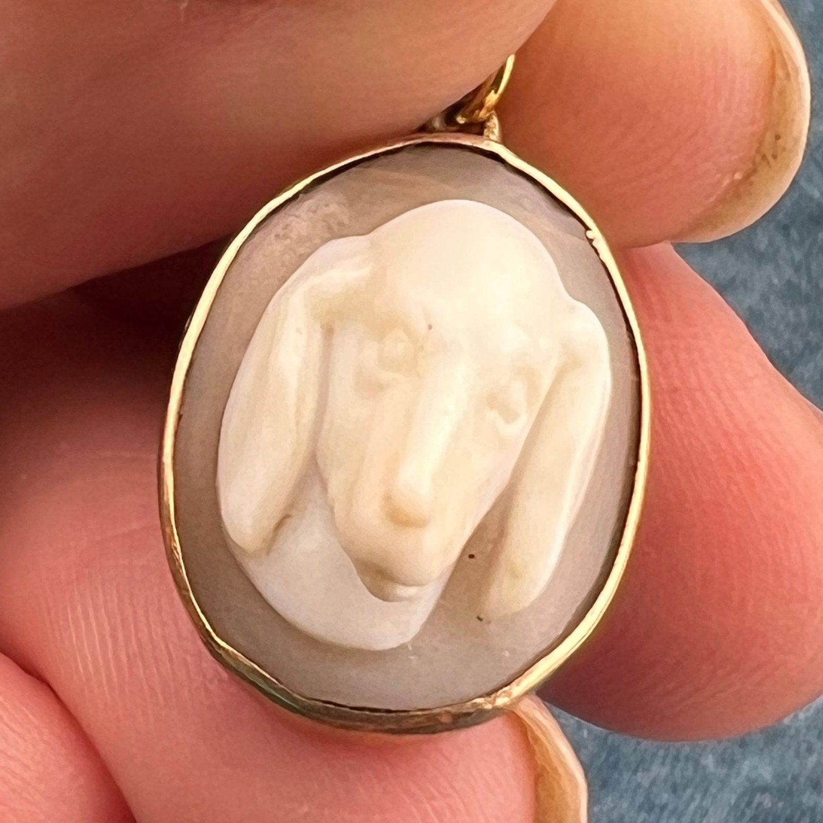 10k Gold 3-D Hound Dog Beagle Carved Cameo Pendant. Rare