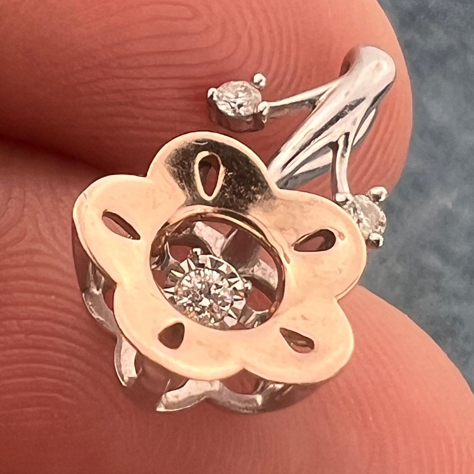 10k Gold + 925 Rose Flower Pendant w Dancing Diamonds