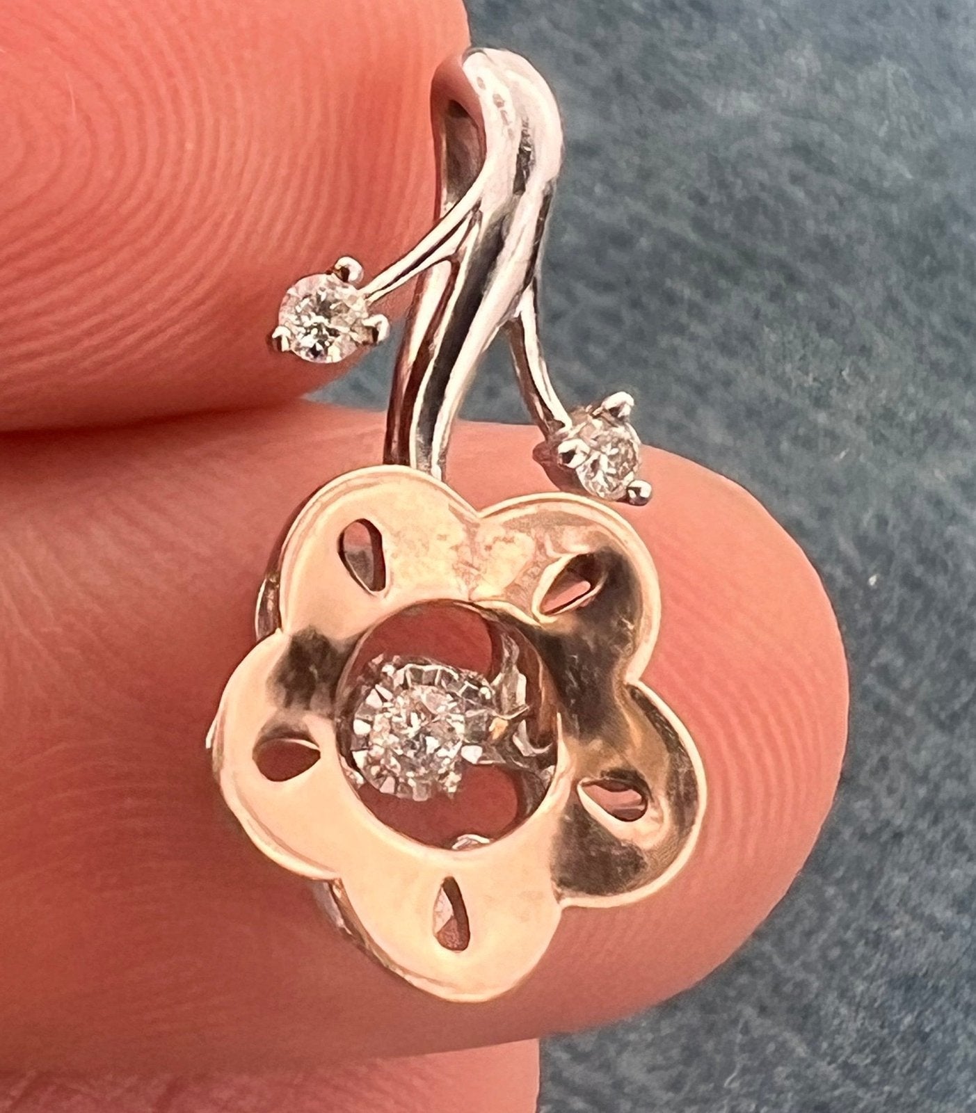 10k Gold + 925 Rose Flower Pendant w Dancing Diamonds