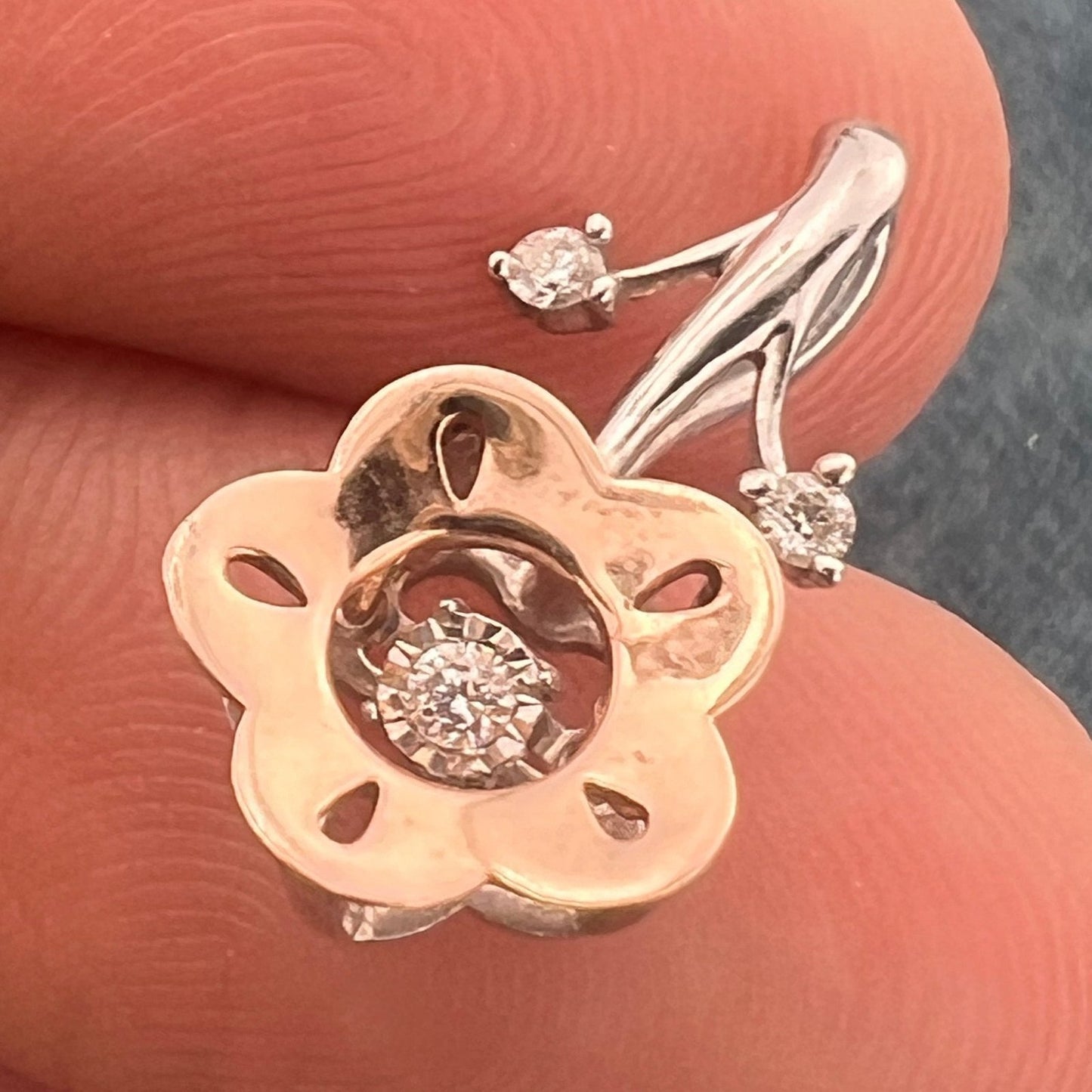 10k Gold + 925 Rose Flower Pendant w Dancing Diamonds