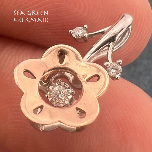 10k Gold + 925 Rose Flower Pendant w Dancing Diamonds